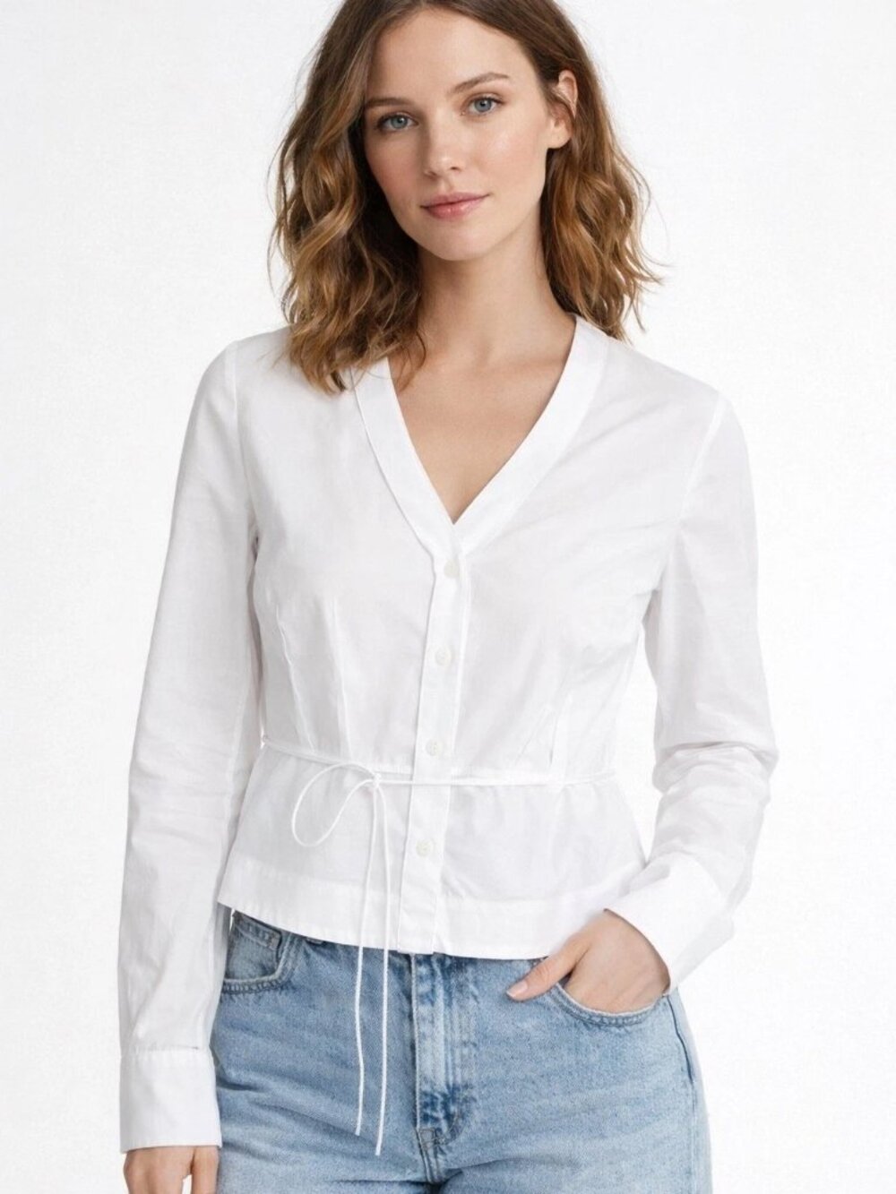 rag & bone White Cotton Button-Front Shirt with Waist Tie